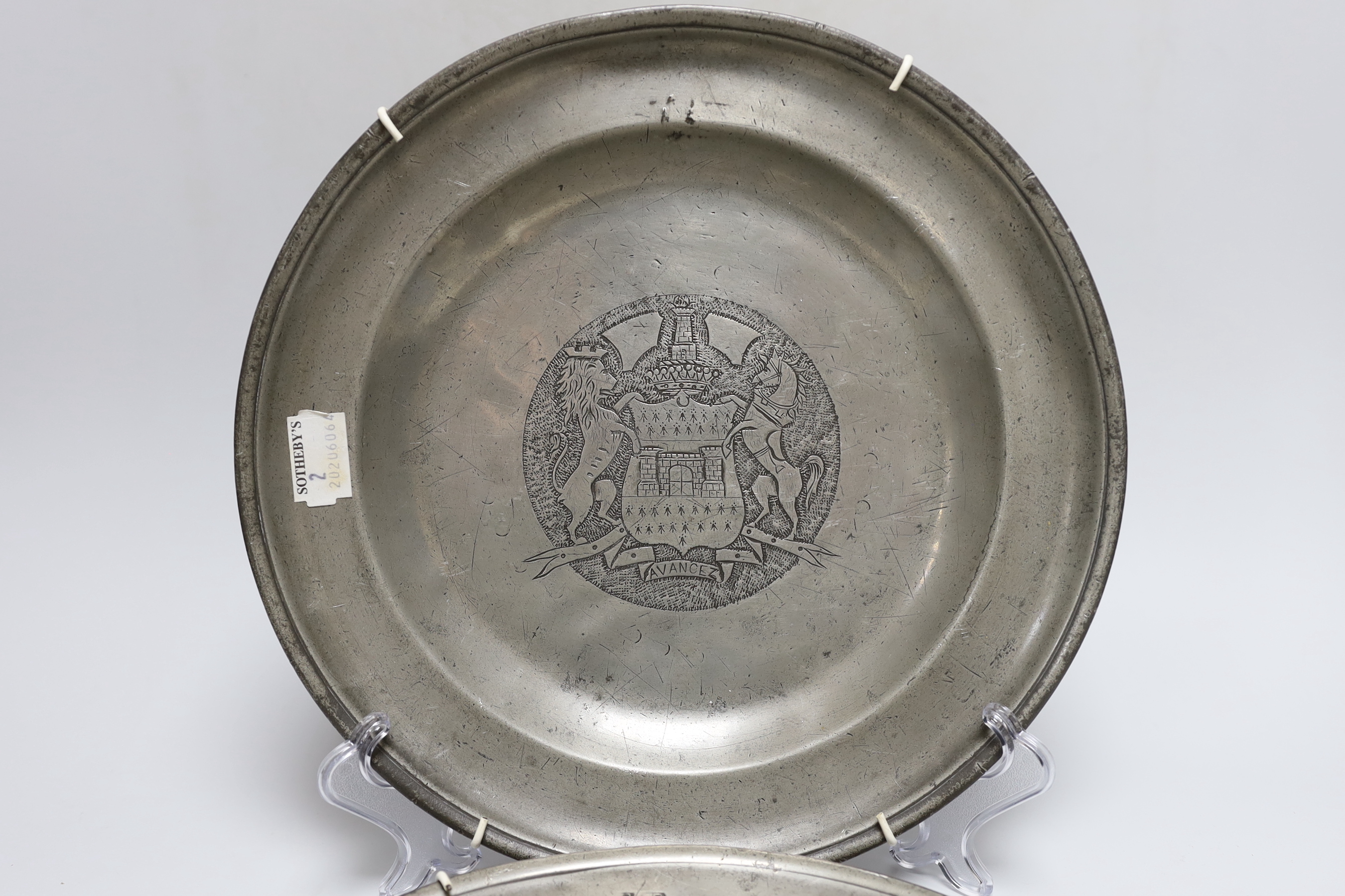 A pair of 18th century French pewter dishes, 30cm diameter